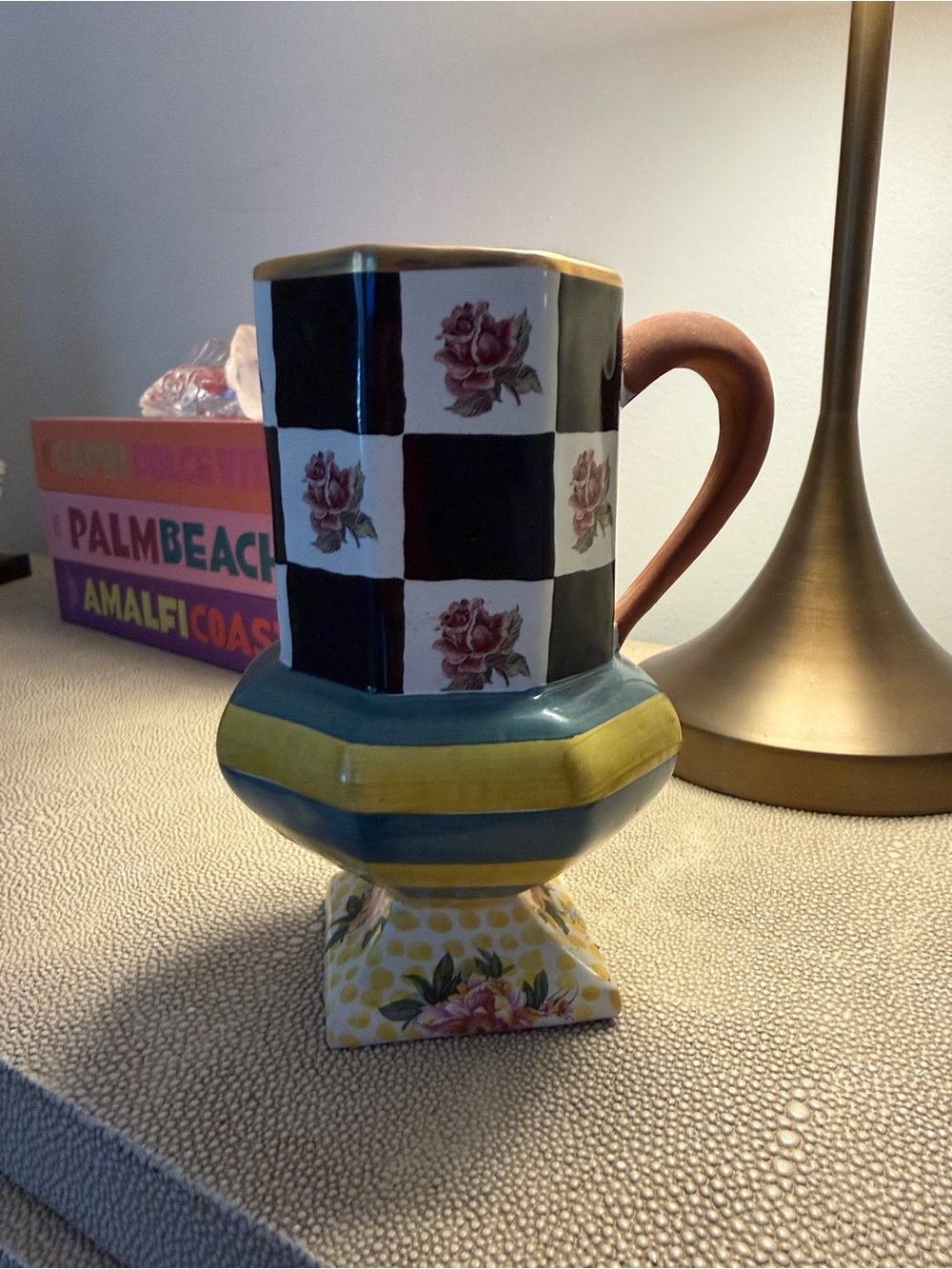 Checkerboard Floral Decorative Ceramic Mug in Black, White & Yellow